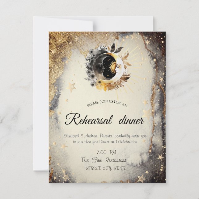 Celestial Gold Stars Moons Dark Invitation (Front)