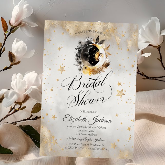 Celestial Gold Stars Moons Flowers Bridal Shower  Invitation (Creator Uploaded)