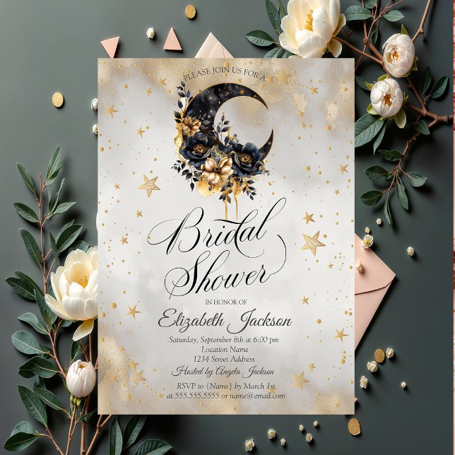 Celestial Gold Stars Moons Flowers Bridal Shower  Invitation (Creator Uploaded)