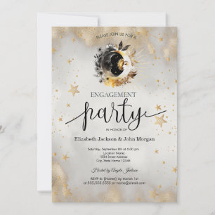 Celestial Gold Stars Moons Flowers Engagement Invitation