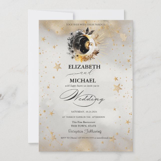 Celestial Gold Stars Moons Flowers Script Invitation (Front)