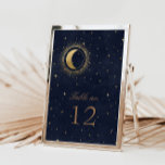 Celestial Gold Stars Wedding Table Number<br><div class="desc">Our "Celestial Gold Wedding" collection features a beautiful crescent moon with gold stars in various designs on a velvet midnight blue background paired with elegant fonts. Easy to customise and you can choose among many more matching items from this collection in our store.</div>
