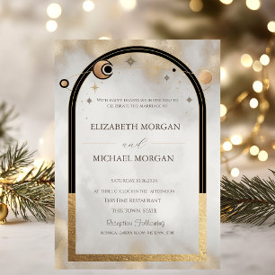 Celestial Gold Sun And Moon Galaxy Wedding Invitation