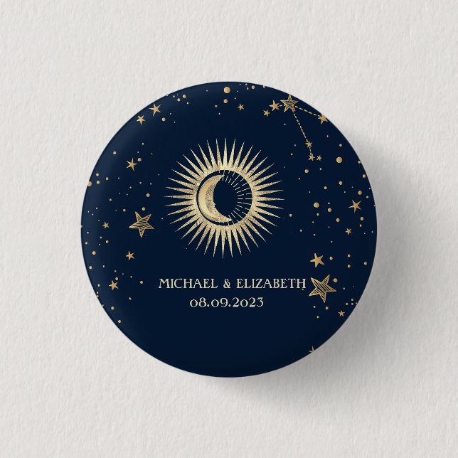 Celestial Gold Sun And Moon Stars 3 Cm Round Badge (Front)