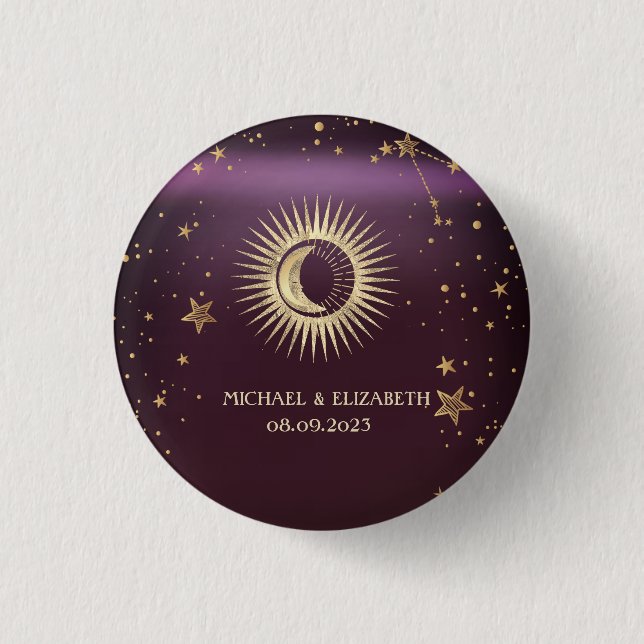 Celestial Gold Sun And Moon Stars Burgundy 3 Cm Round Badge (Front)
