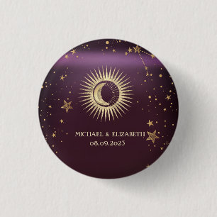 Celestial Gold Sun And Moon Stars Burgundy 3 Cm Round Badge