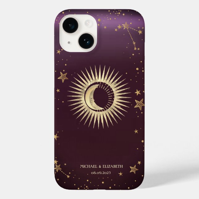 Celestial Gold Sun And Moon Stars Burgundy Case-Mate iPhone Case (Back)