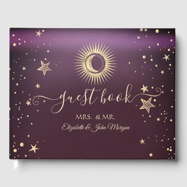 Celestial Gold Sun And Moon Stars Burgundy Guest Book (Front)