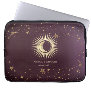 Celestial Gold Sun And Moon Stars Burgundy Laptop Sleeve