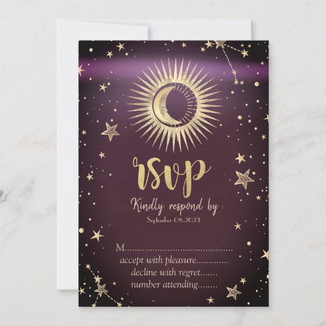 Celestial Gold Sun And Moon Stars Burgundy RSVP   Invitation (Front)