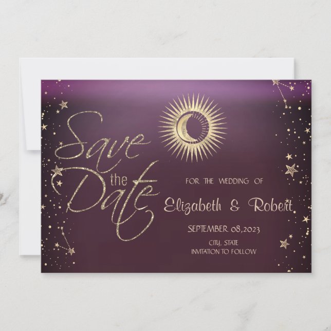 Celestial Gold Sun And Moon Stars Burgundy Save The Date (Front)