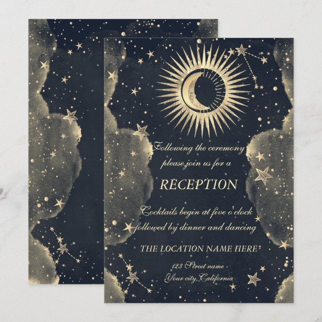 Celestial Gold Sun And Moon Stars Clouds Invitation (Front/Back)