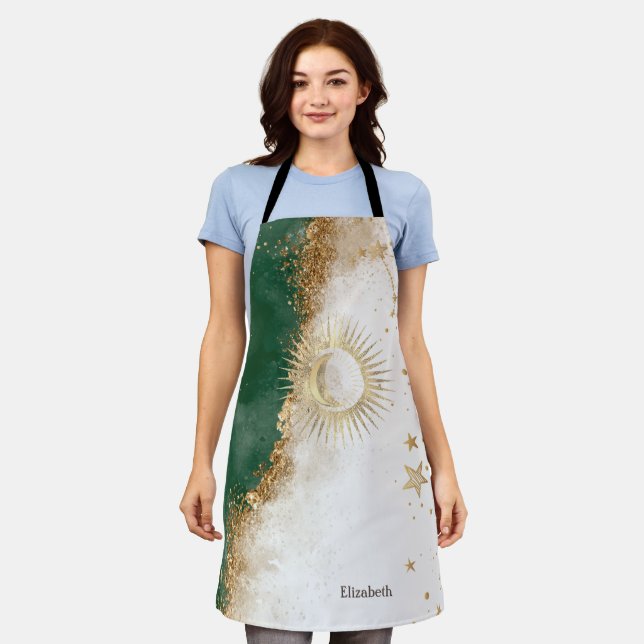 Celestial Gold Sun And Moon Stars Green Apron (Worn)