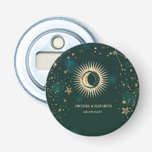 Celestial Gold Sun And Moon Stars Green Bottle Opener