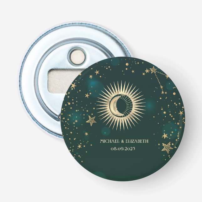 Celestial Gold Sun And Moon Stars Green Bottle Opener (Front)