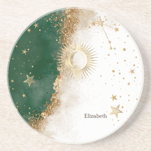 Celestial Gold Sun And Moon Stars Green Coaster (Front)