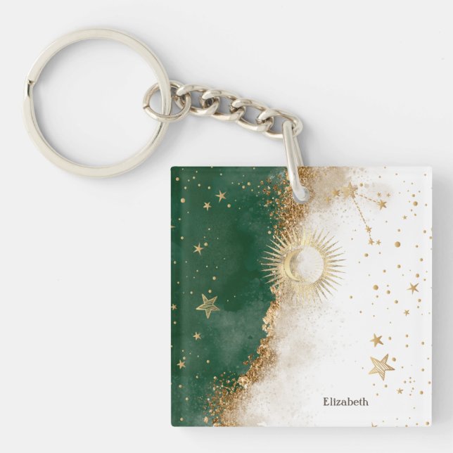 Celestial Gold Sun And Moon Stars Green Key Ring (Front)