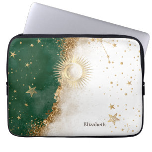 Celestial Gold Sun And Moon Stars Green Laptop Sleeve