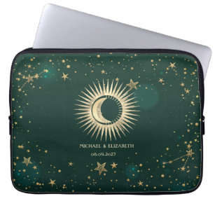 Celestial Gold Sun And Moon Stars Green Laptop Sleeve
