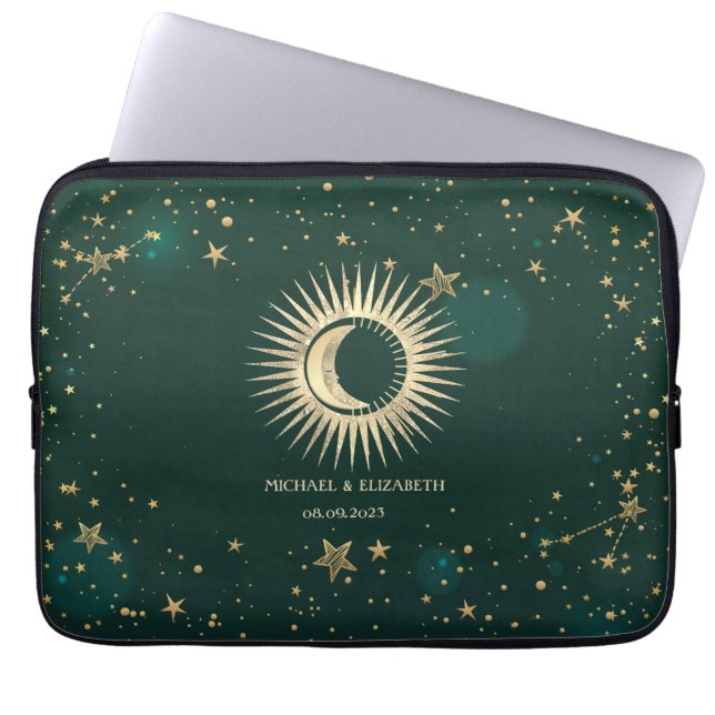 Celestial Gold Sun And Moon Stars Green Laptop Sleeve (Front)