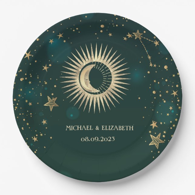 Celestial Gold Sun And Moon Stars Green Paper Plate (Front)