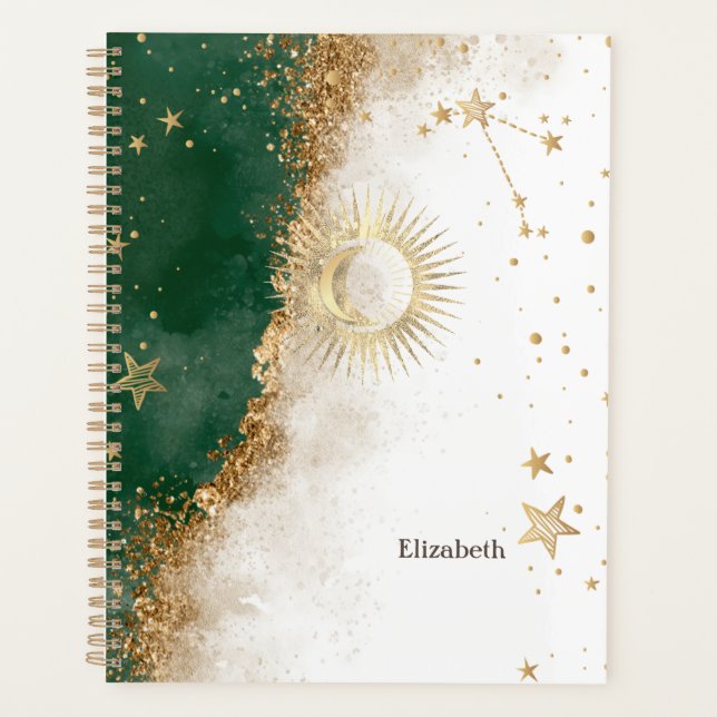 Celestial Gold Sun And Moon Stars Green Planner (Front)