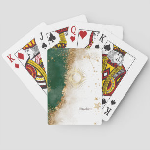 Celestial Gold Sun And Moon Stars Green Playing Cards