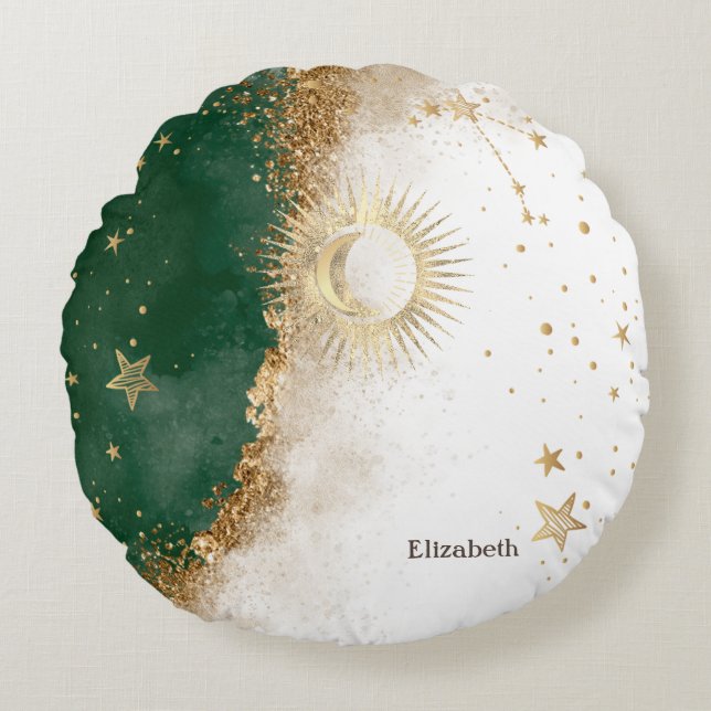 Celestial Gold Sun And Moon Stars Green Round Cushion (Front)