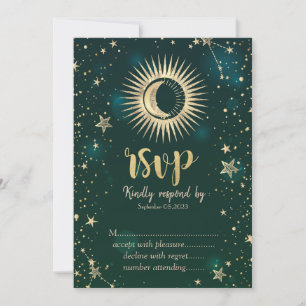 Celestial Gold Sun And Moon Stars Green RSVP   Invitation
