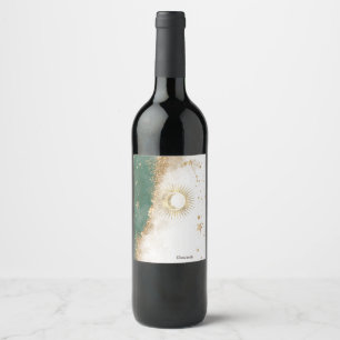 Celestial Gold Sun And Moon Stars Green Wine Label