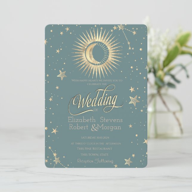 Celestial Gold Sun And Moon Stars Mint Green  Invitation (Standing Front)