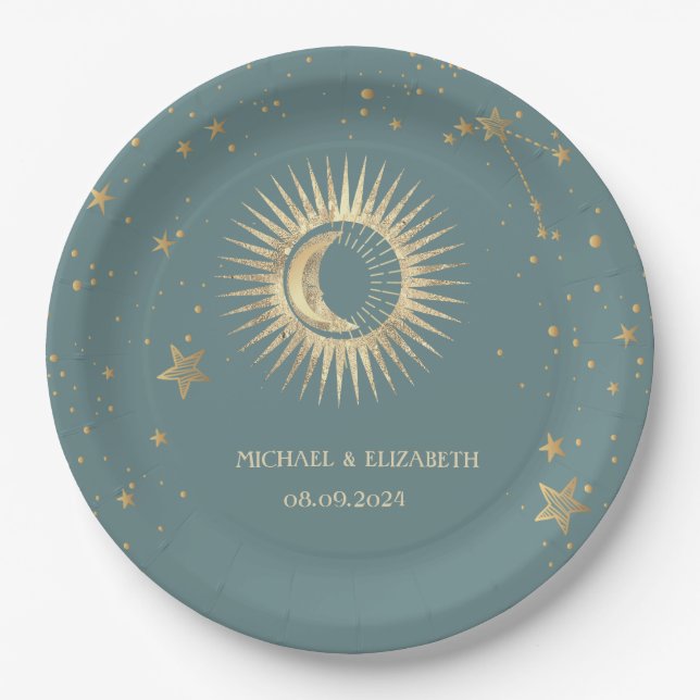 Celestial Gold Sun And Moon Stars Mint Green Paper Plate (Front)