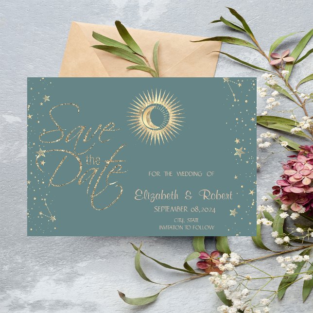 Celestial Gold Sun And Moon Stars Mint Green Save The Date (Creator Uploaded)