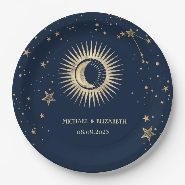 Celestial Gold Sun And Moon Stars Paper Plate (Front)