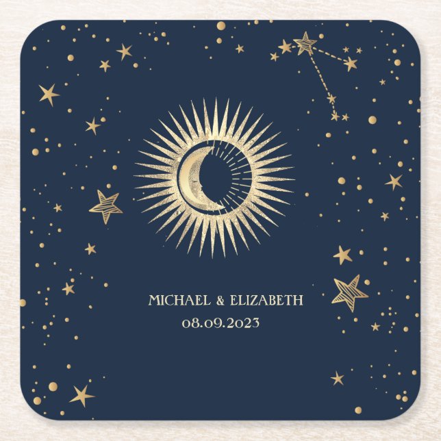Celestial Gold Sun And Moon Stars Square Paper Coaster (Front)