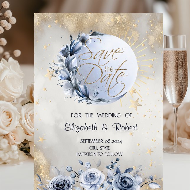 Celestial Gold Sun,Blue Moon Roses Stars  Save The Date (Creator Uploaded)