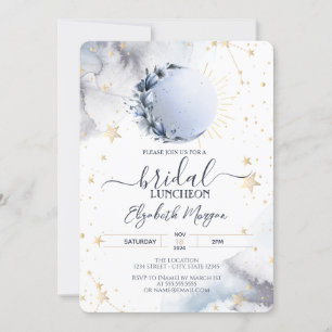 Celestial Gold Sun,Blue Moon,Stars Bridal Luncheon Invitation