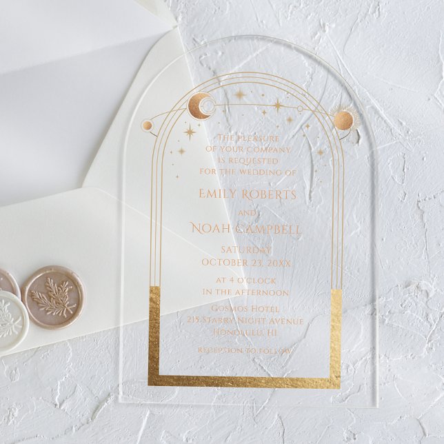 Celestial Gold Sun Moon Astronomy Wedding Acrylic Invitations (Creator Uploaded)