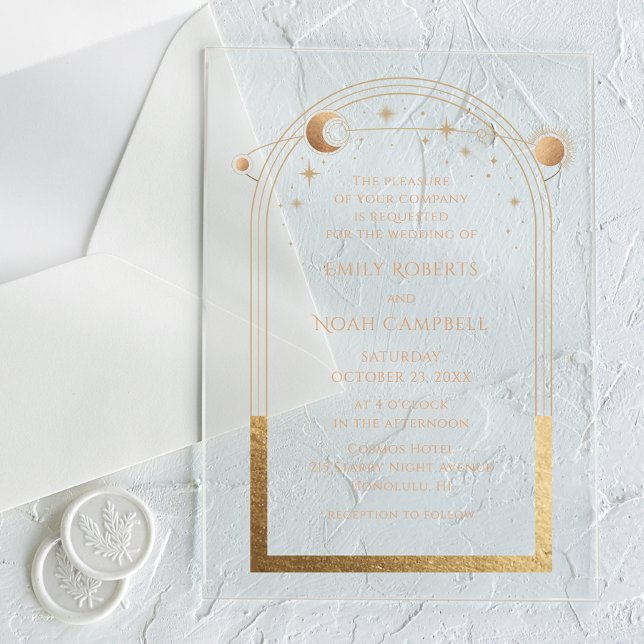 Celestial Gold Sun Moon Astronomy Wedding Acrylic Invitations (Creator Uploaded)