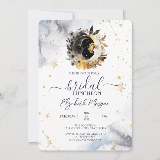 Celestial Gold Sun,Moon,Flowers Bridal Luncheon Invitation (Front)