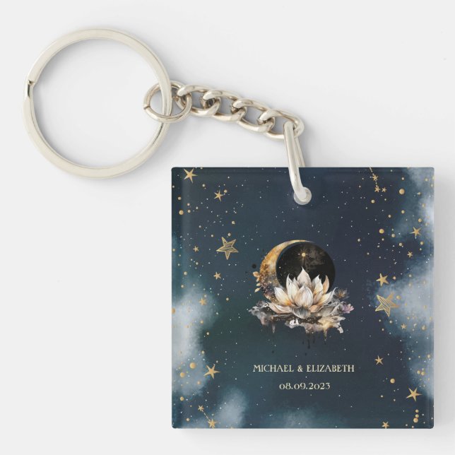 Celestial Gold Sun,Moon,Lotus Stars Night Sky  Key Ring (Front)