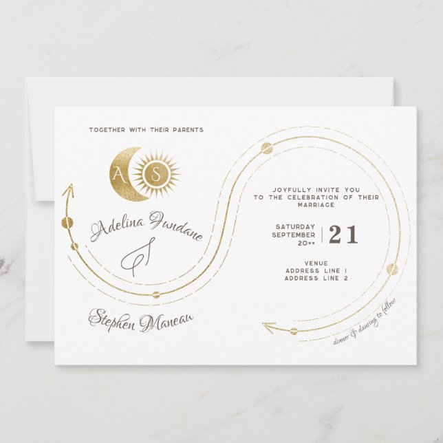 Celestial Gold Sun & Moon Monogram Crest QR Code Invitation (Front)