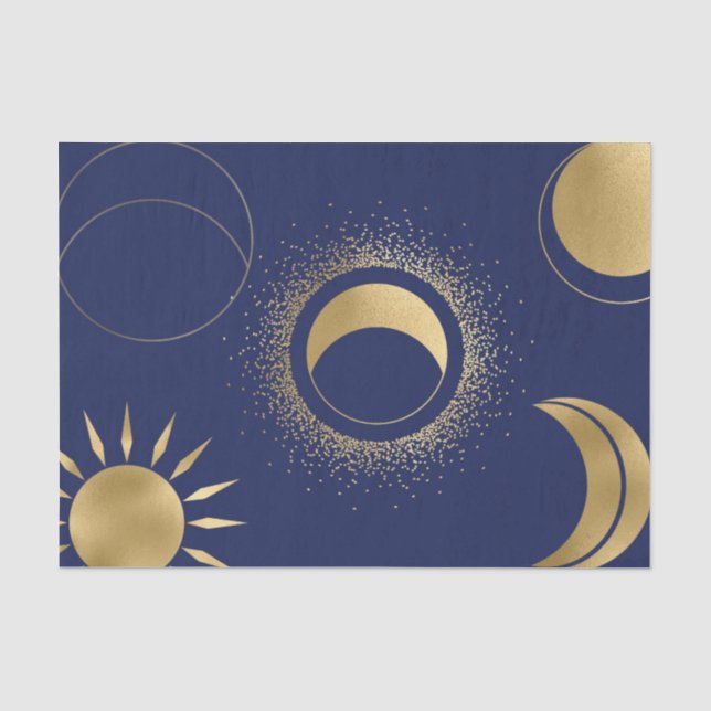Celestial gold sun moon phases eclipse purple blue tissue paper (Front)