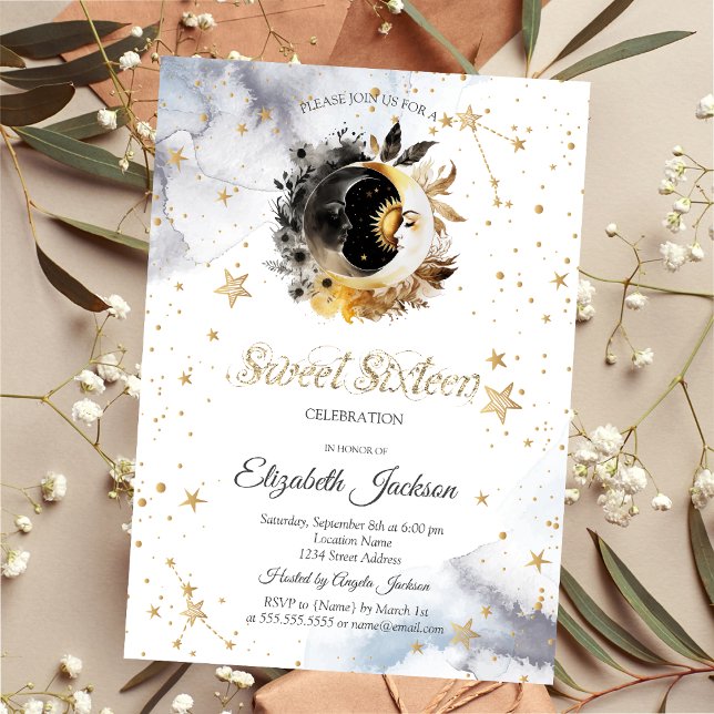 Celestial Gold Sun,Moon,Stars Flower Sweet 16 Invitation (Creator Uploaded)
