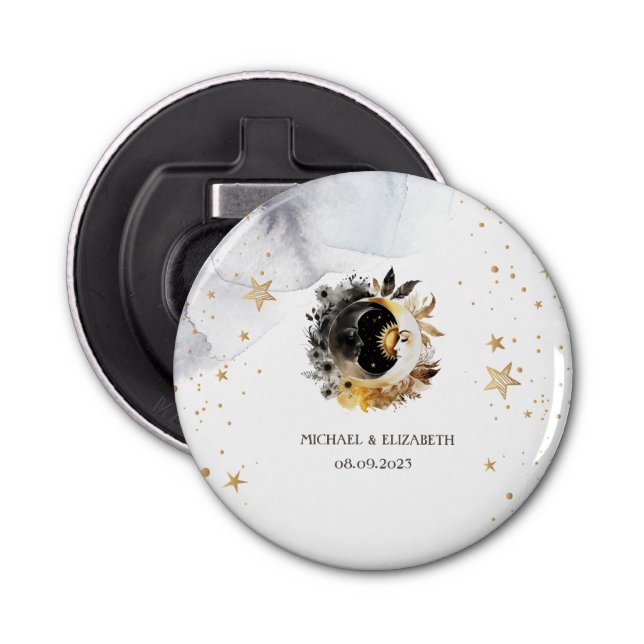 Celestial Gold Sun,Moon,Stars Flowers Bottle Opener (Front)