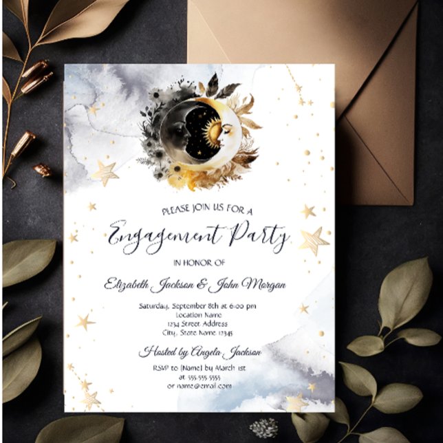 Celestial Gold Sun,Moon,Stars Flowers Invitation (Creator Uploaded)