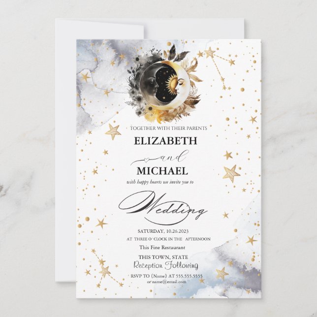 Celestial Gold Sun,Moon,Stars Flowers Script Invitation (Front)