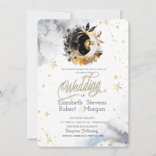 Celestial Gold Sun,Moon,Stars Flowers Wedding Invitation