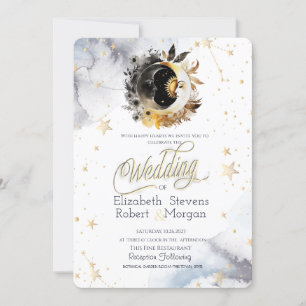 Celestial Gold Sun,Moon,Stars Flowers Wedding   Invitation