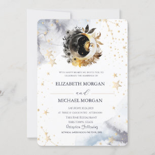 Celestial Gold Sun,Moon,Stars Flowers Wedding  Invitation